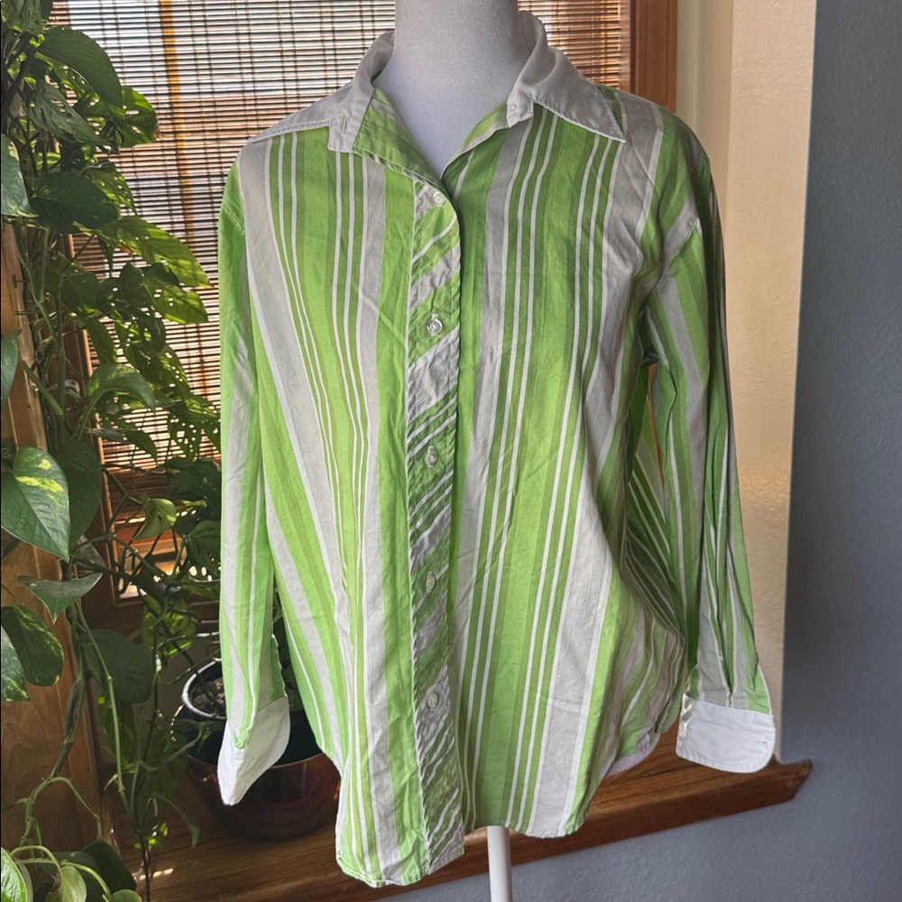 VTG 60’s Carol Brent Montgomery Striped "Never Needs Ironing" Shirt Green/White